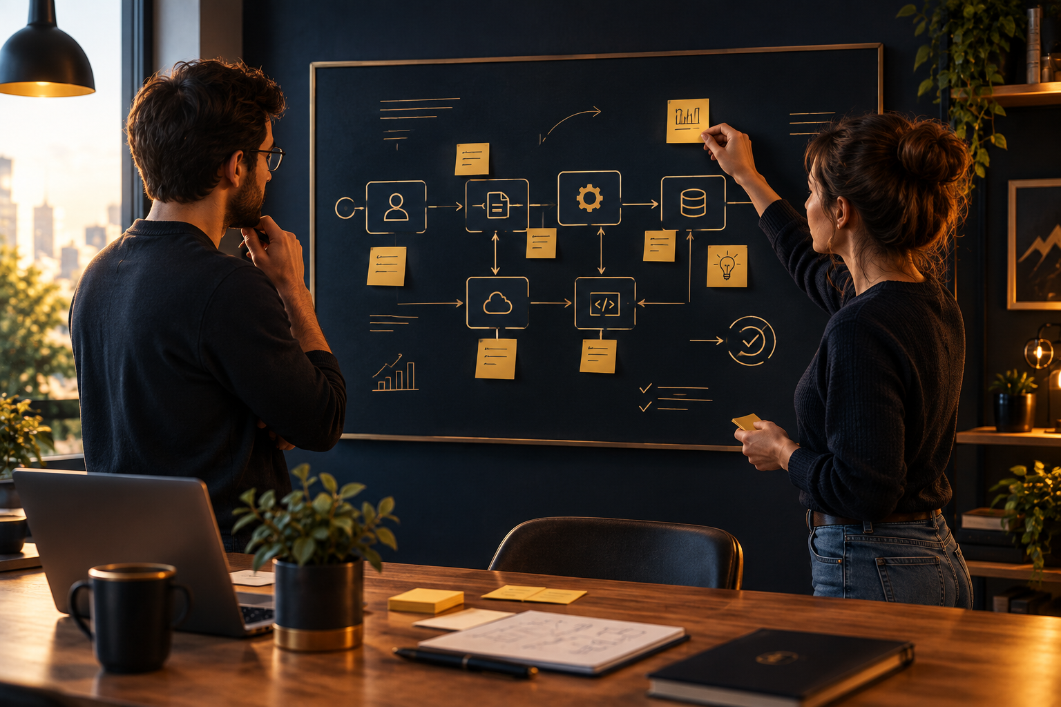 Deux personnes cartographient un processus sur un tableau